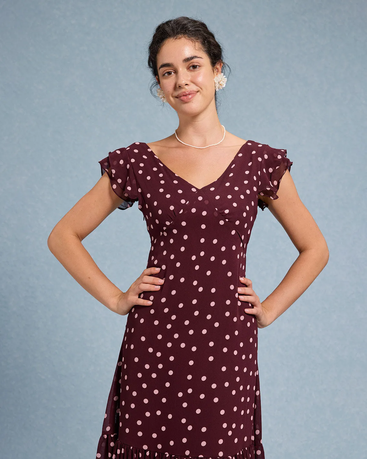 Red Polka Dot V Neck Ruffle Maxi Dress sold by rihoas product image thumbnail 3