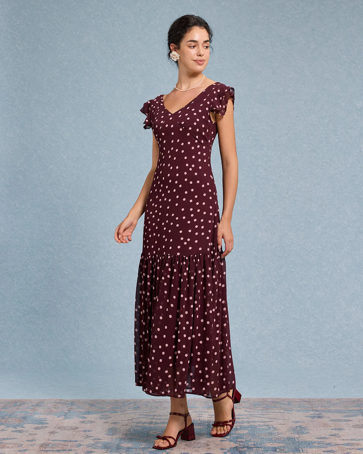 Red Polka Dot V Neck Ruffle Maxi Dress sold by rihoas product image thumbnail 4
