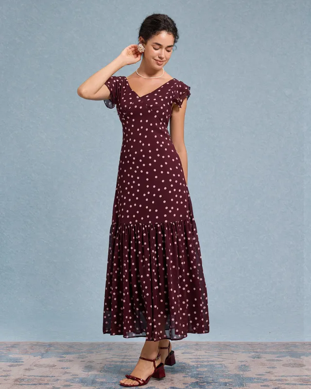 Red Polka Dot V Neck Ruffle Maxi Dress sold by rihoas