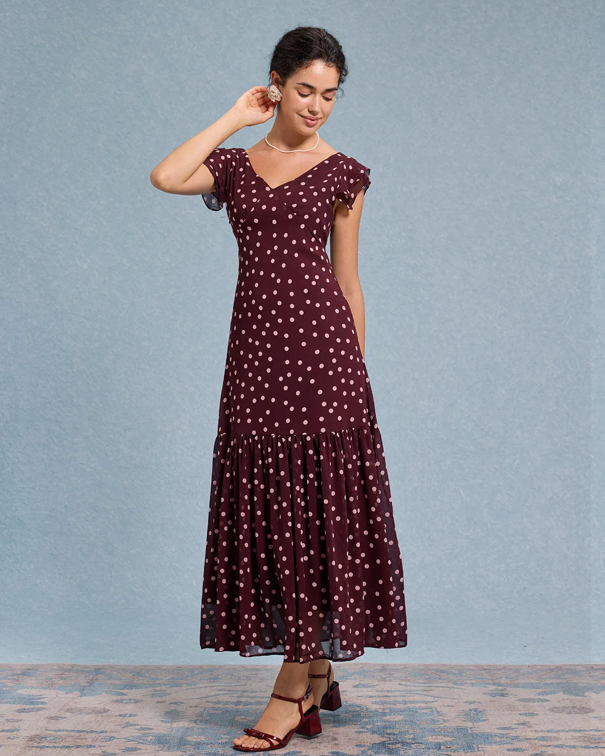 Red Polka Dot V Neck Ruffle Maxi Dress sold by rihoas