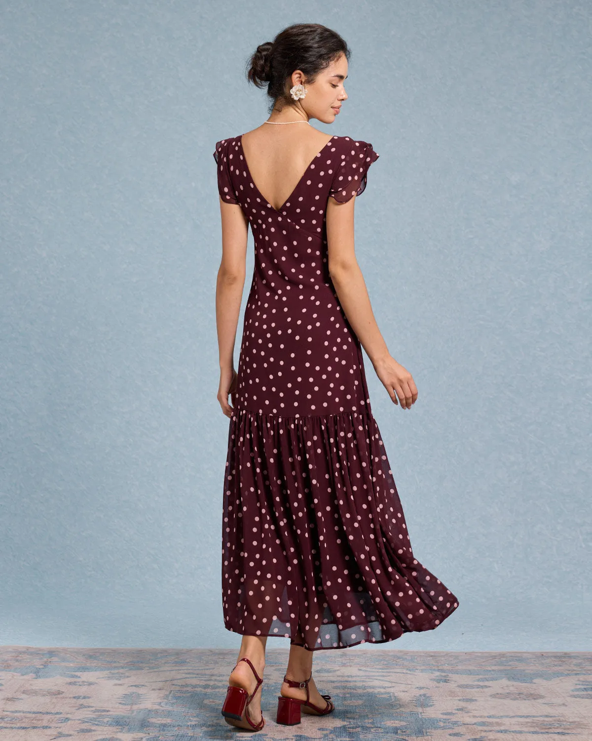 Red Polka Dot V Neck Ruffle Maxi Dress sold by rihoas product image thumbnail 5