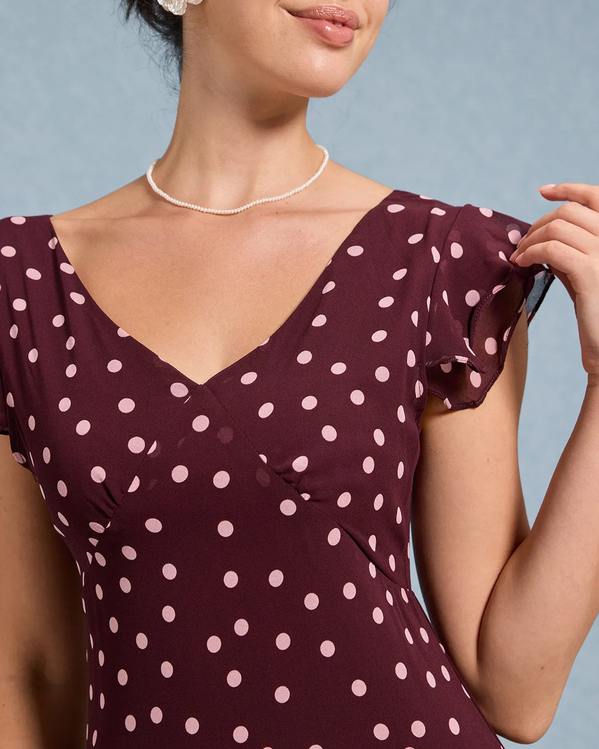 Red Polka Dot V Neck Ruffle Maxi Dress sold by rihoas product image thumbnail 2