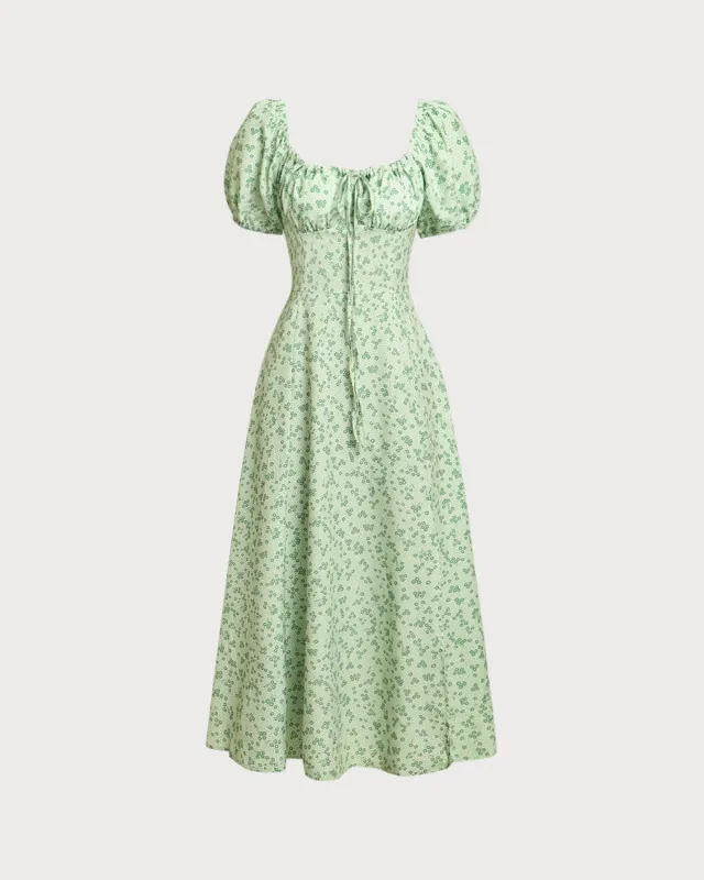 Green Floral Square Neck Puffed Sleeve Midi Dress sold by rihoas