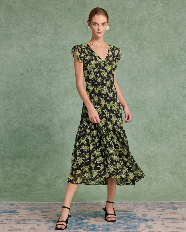 Black Floral V Neck Ruffle Midi Dress sold by rihoas
