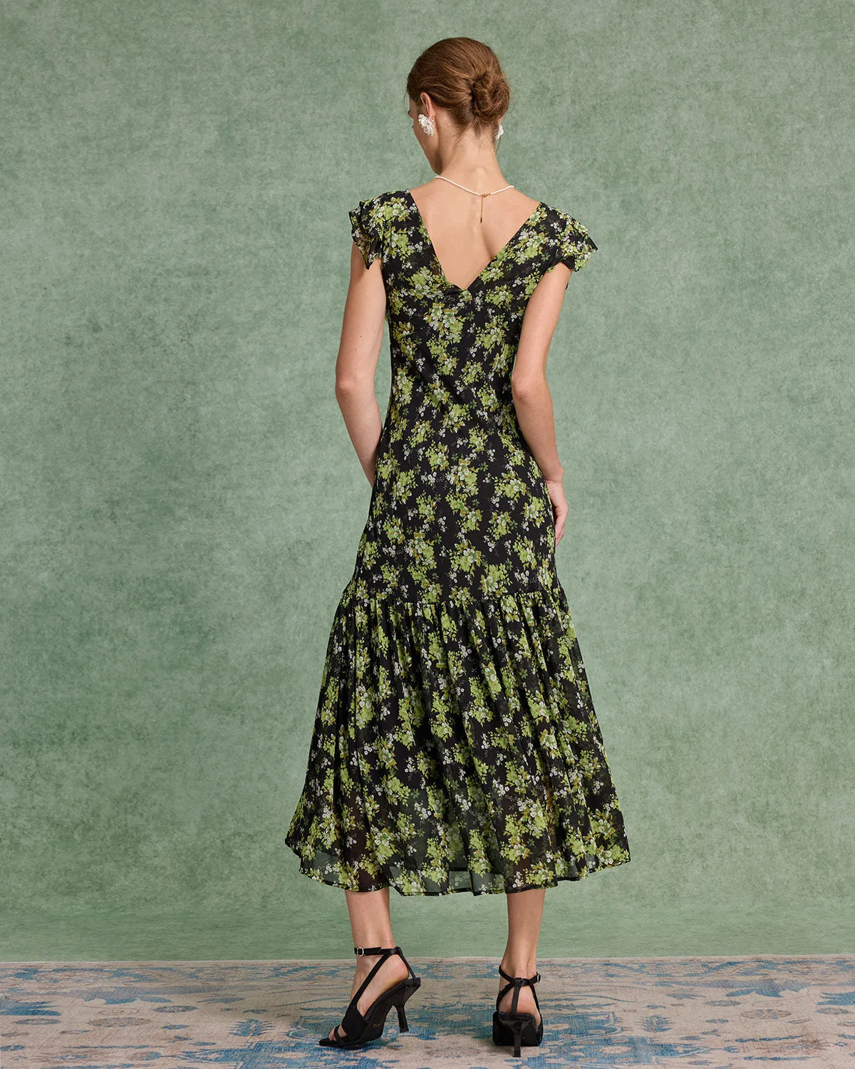 Black Floral V Neck Ruffle Midi Dress sold by rihoas product image thumbnail 5