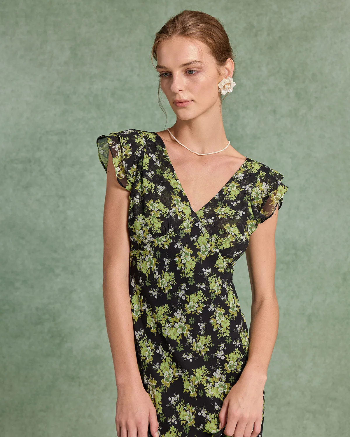 Black Floral V Neck Ruffle Midi Dress sold by rihoas product image thumbnail 2