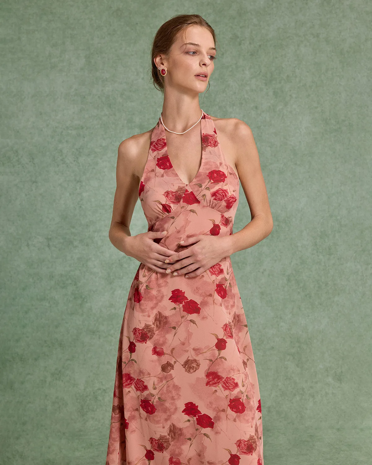 Red Floral Shirred Halter Maxi Dress sold by rihoas product image thumbnail 2