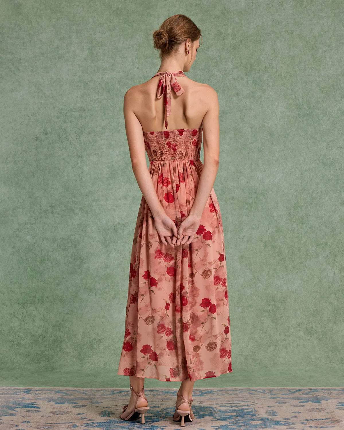 Red Floral Shirred Halter Maxi Dress sold by rihoas product image thumbnail 5