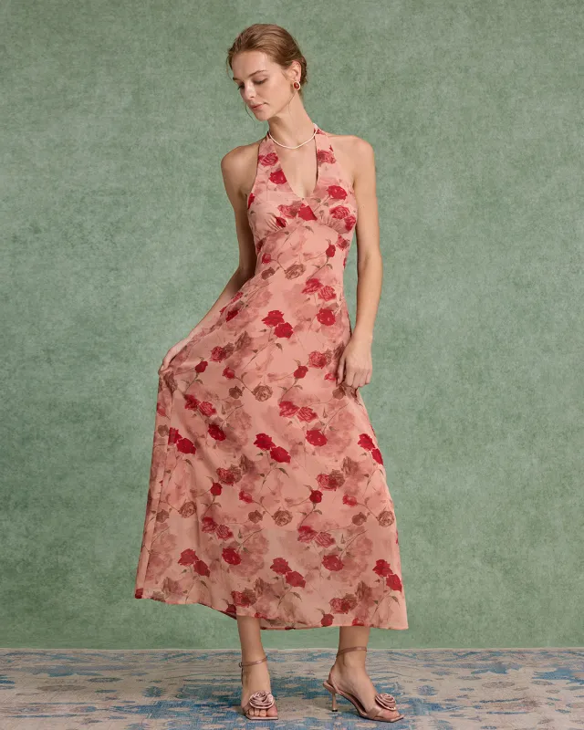 Red Floral Shirred Halter Maxi Dress sold by rihoas