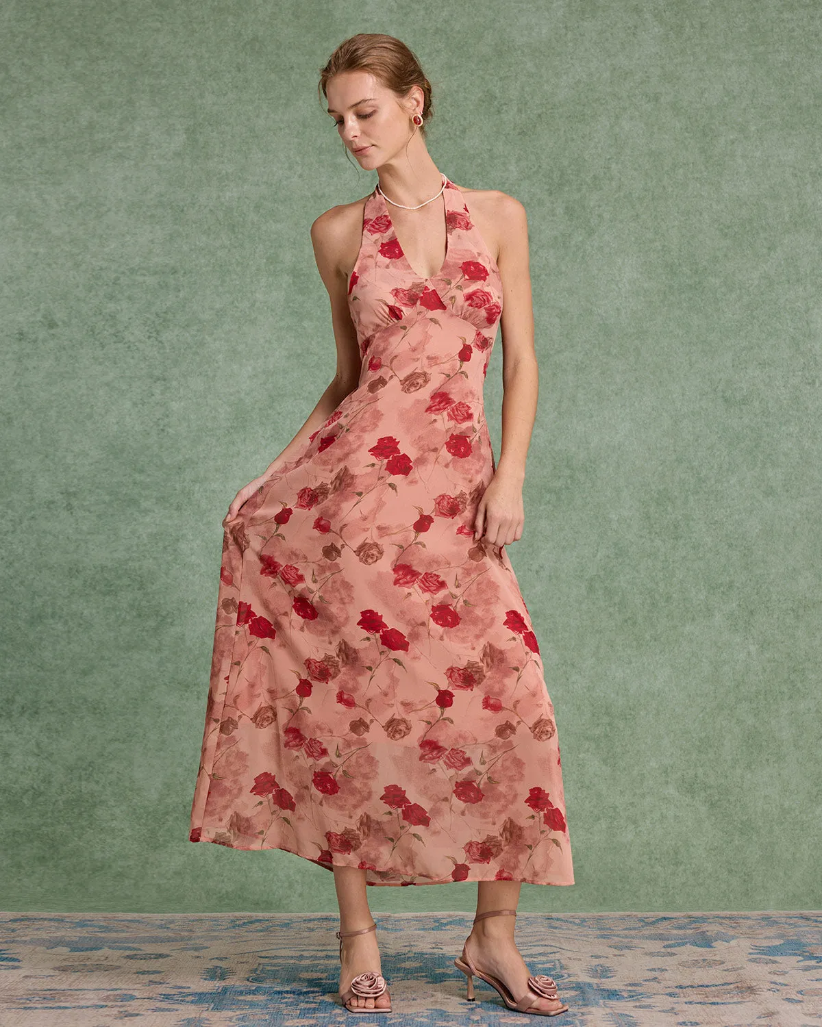 Red Floral Shirred Halter Maxi Dress sold by rihoas