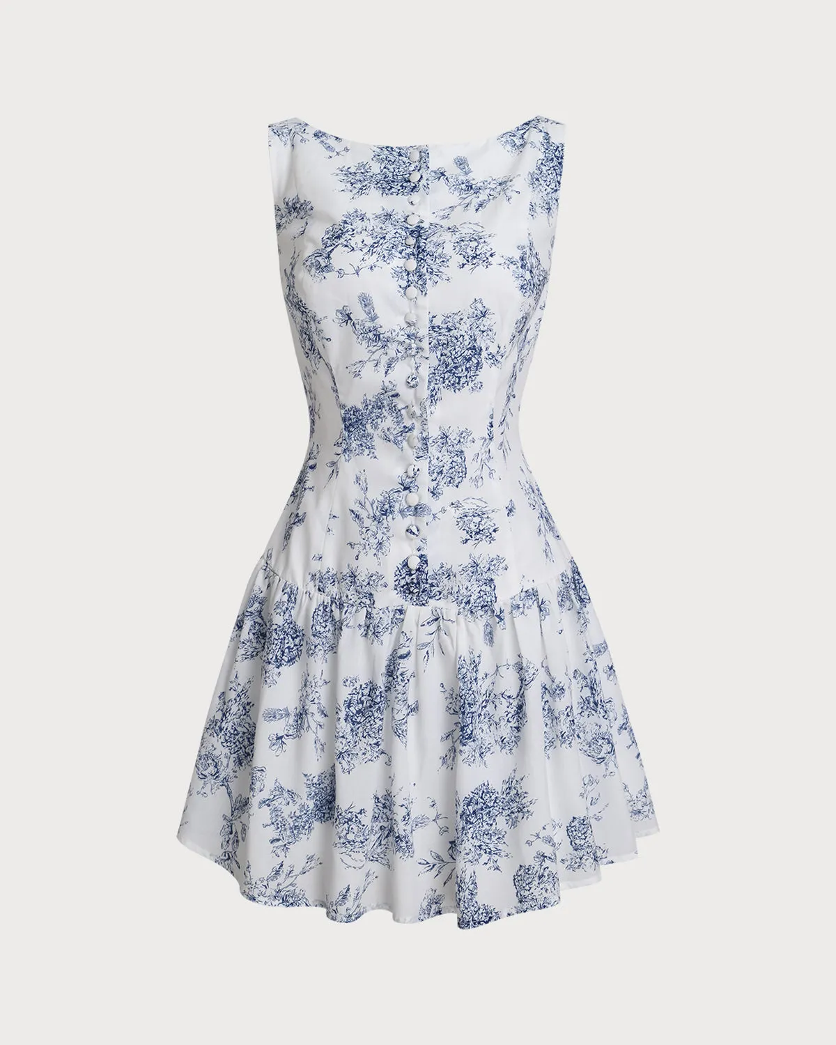 Blue Floral Boat Neck Sleeveless Mini Dress sold by rihoas