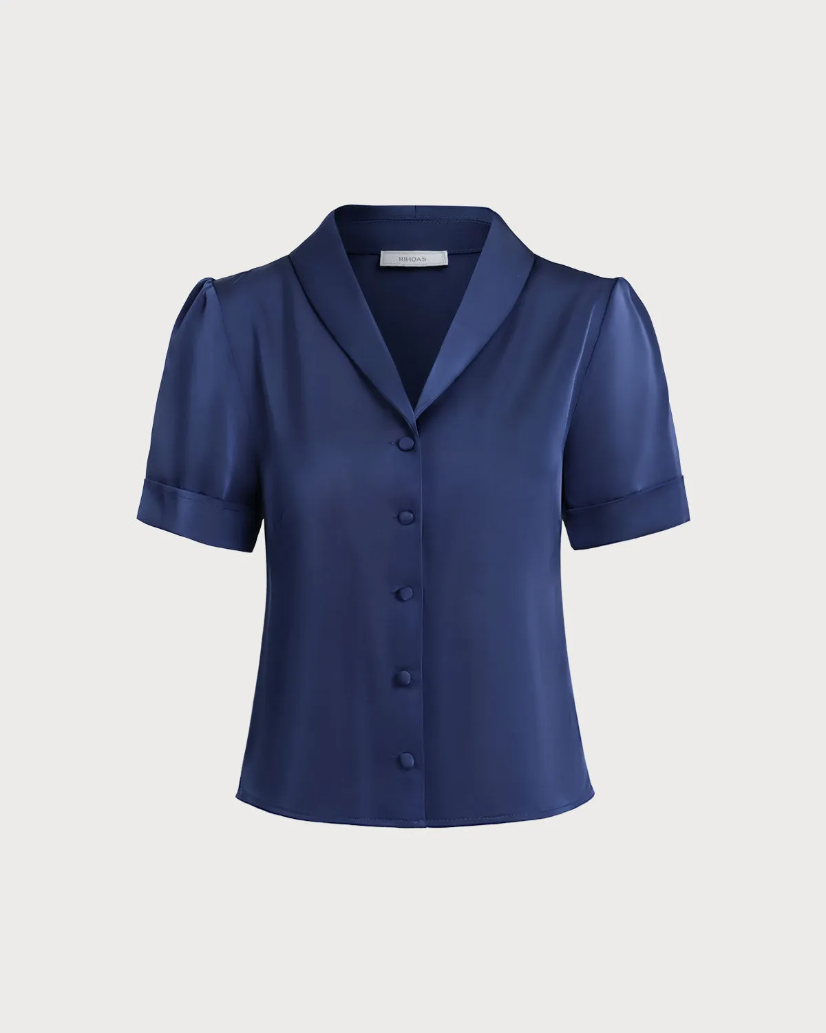Navy Satin Button Blouse sold by rihoas