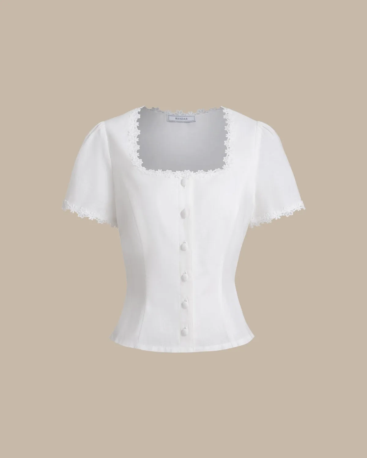 White Square Neck Button Lace Blouse sold by rihoas