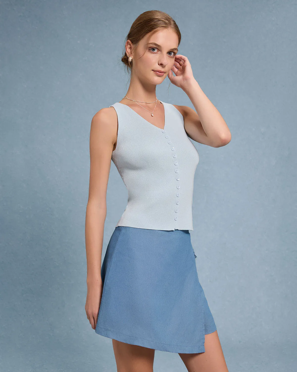 Blue V Neck Button Knit Tank Top sold by rihoas product image thumbnail 2