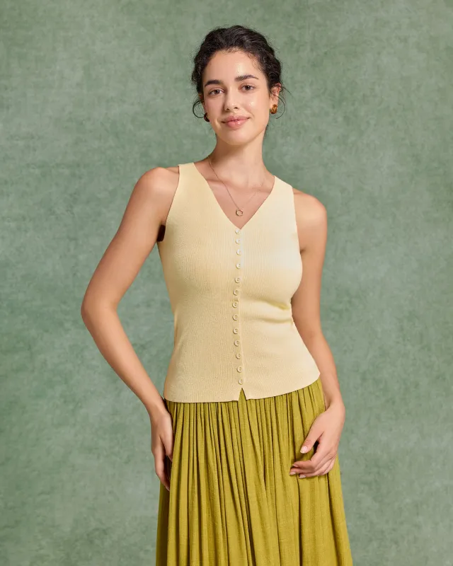 Yellow V Neck Button Knit Tank Top sold by rihoas