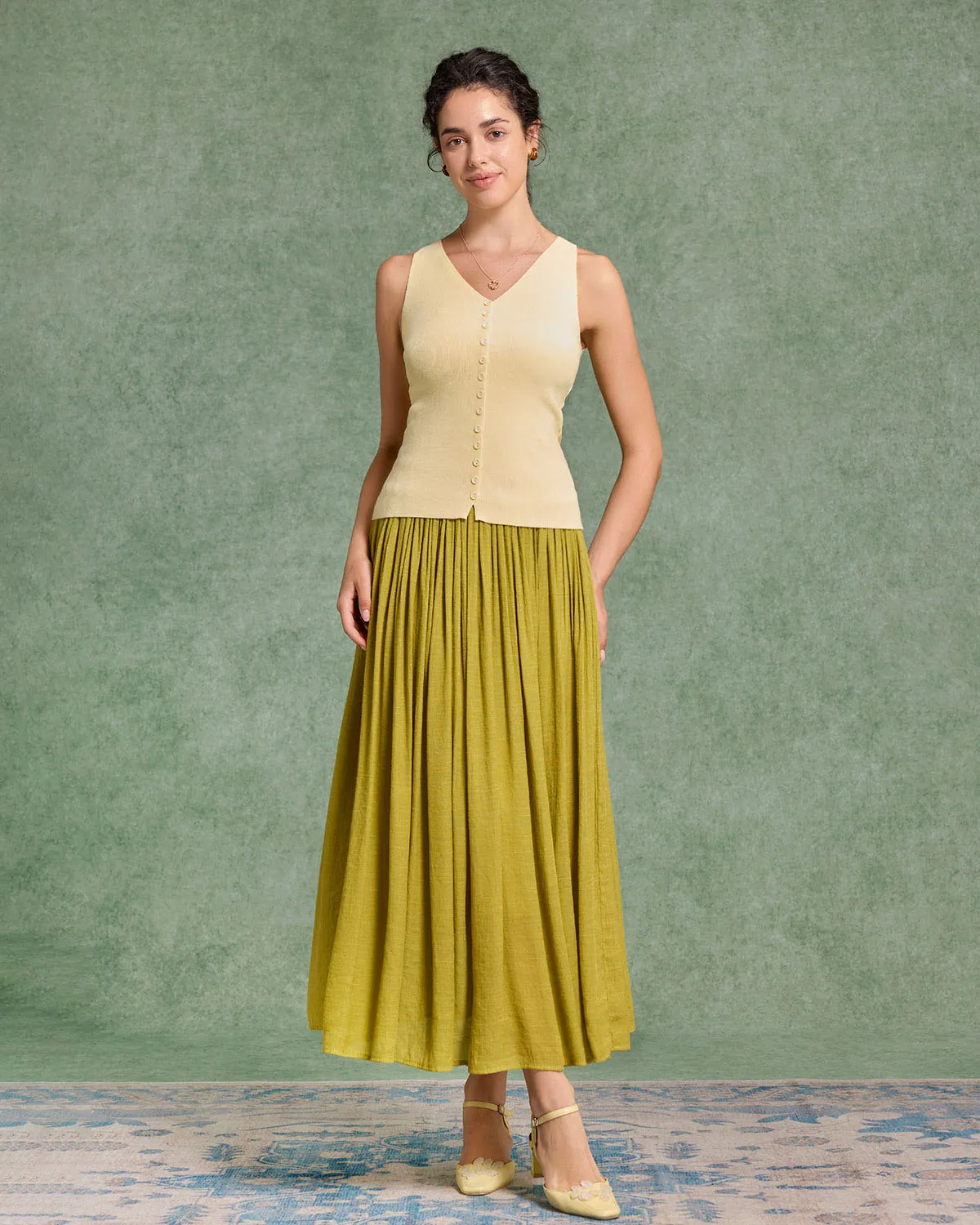 Yellow V Neck Button Knit Tank Top sold by rihoas product image thumbnail 2