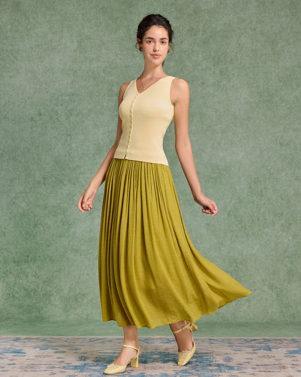 Yellow V Neck Button Knit Tank Top sold by rihoas product image thumbnail 3