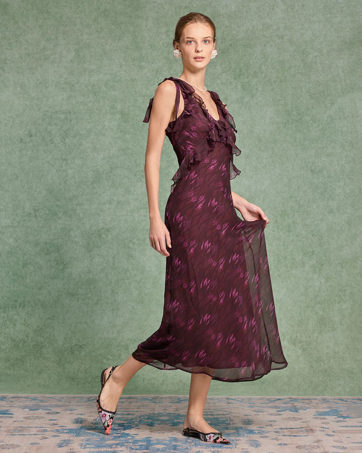 Purple Floral Ruffle Slip Maxi Dress sold by rihoas product image thumbnail 5