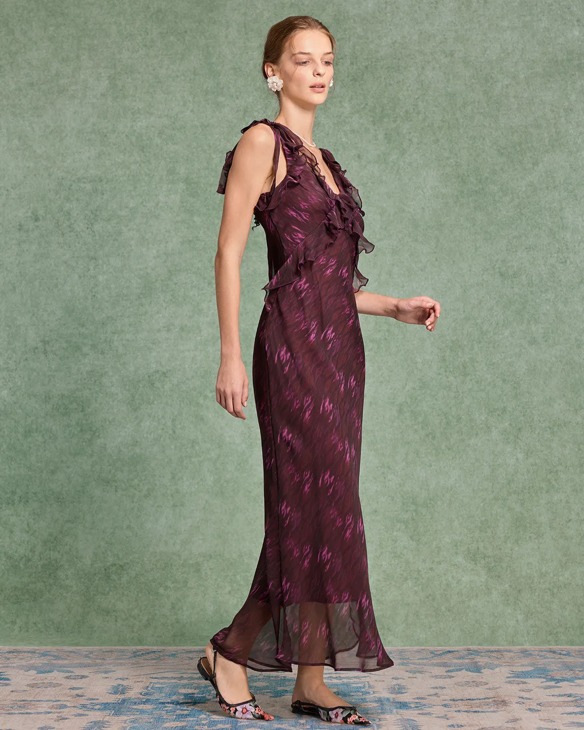 Purple Floral Ruffle Slip Maxi Dress sold by rihoas product image thumbnail 4