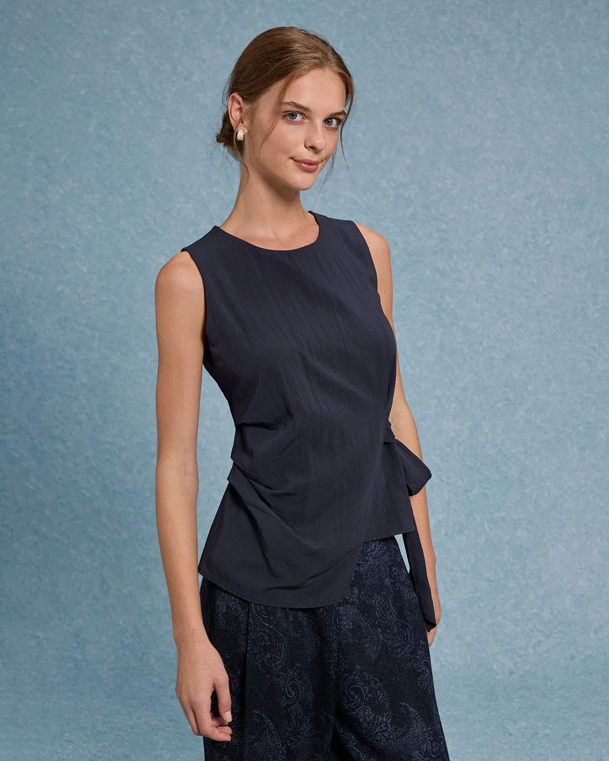 Blue Round Neck Ruched Button Tank Top sold by rihoas