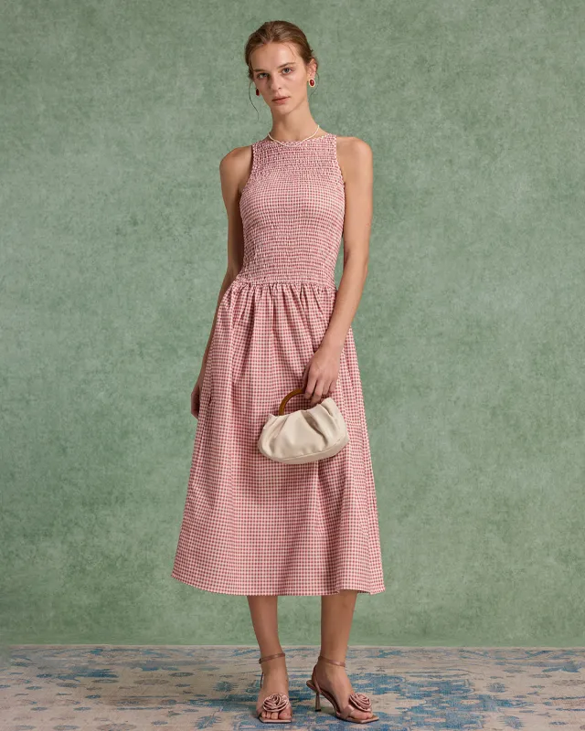 Red Plaid Shirred Sleeveless Midi Dress sold by rihoas