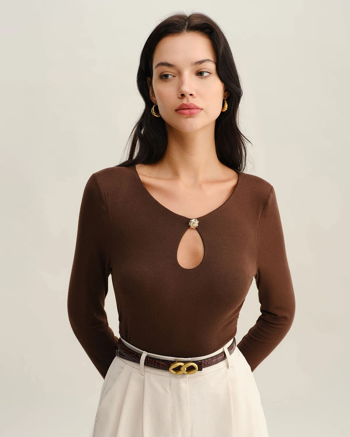 Brown Round Neck Slim Knit Tee sold by rihoas product image thumbnail 2