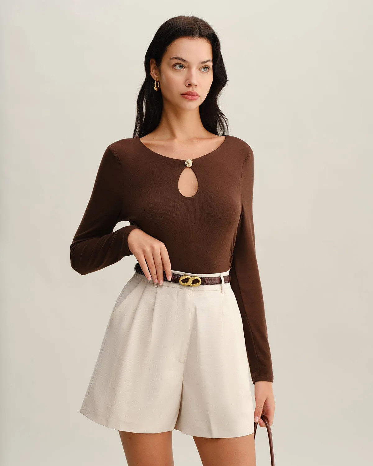 Brown Round Neck Slim Knit Tee sold by rihoas