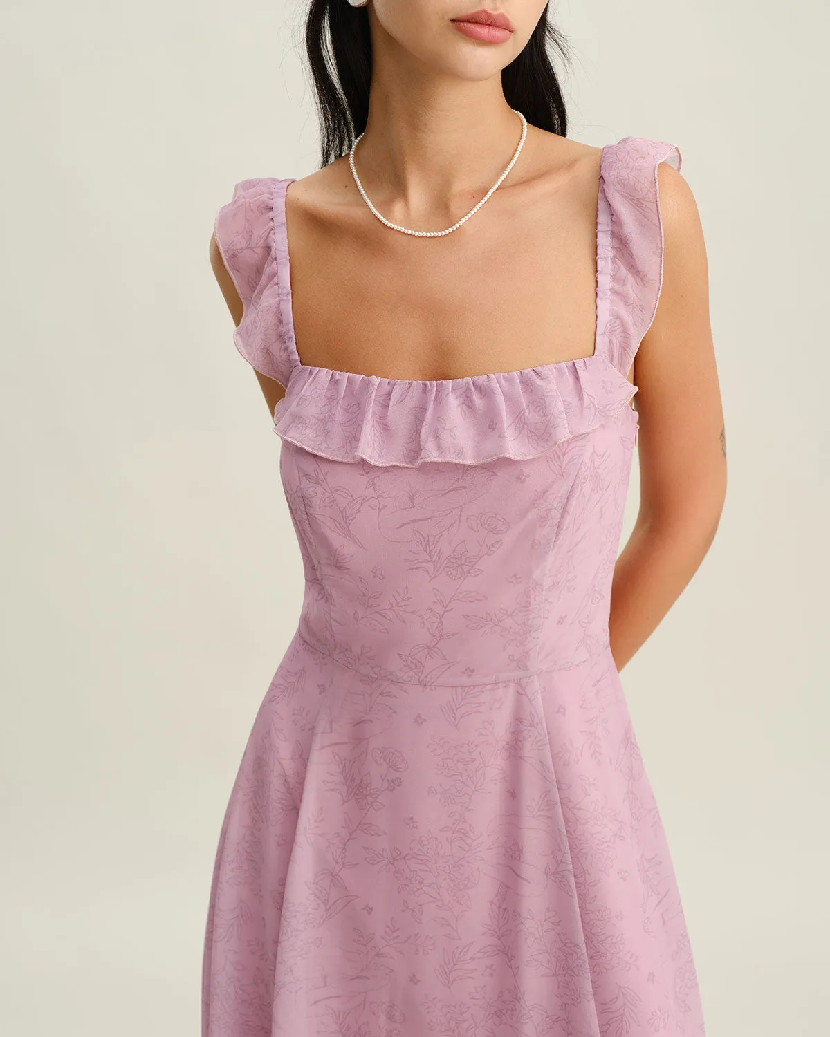 Purple Floral Square Neck Ruffle Slip Midi Dress sold by rihoas product image thumbnail 2