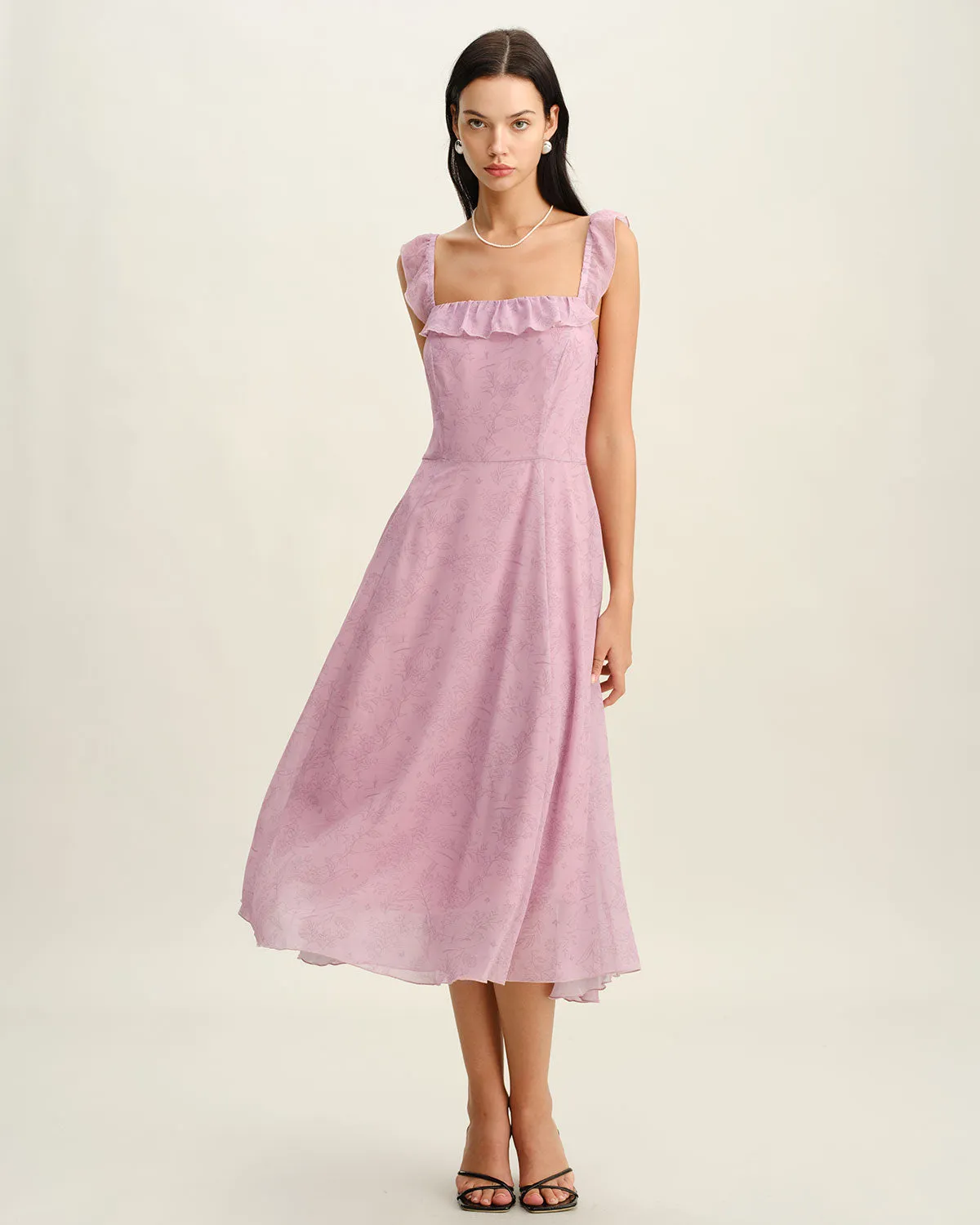 Purple Floral Square Neck Ruffle Slip Midi Dress sold by rihoas product image thumbnail 4