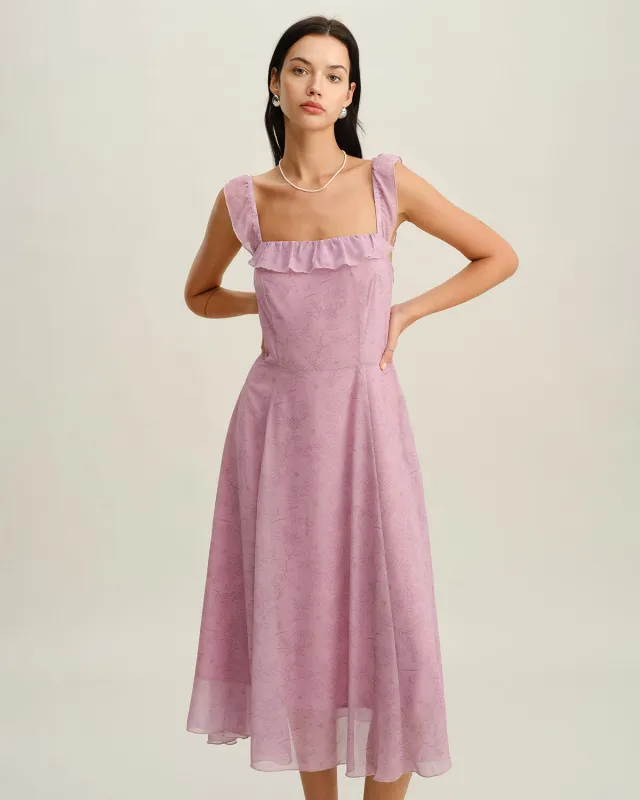 Purple Floral Square Neck Ruffle Slip Midi Dress sold by rihoas