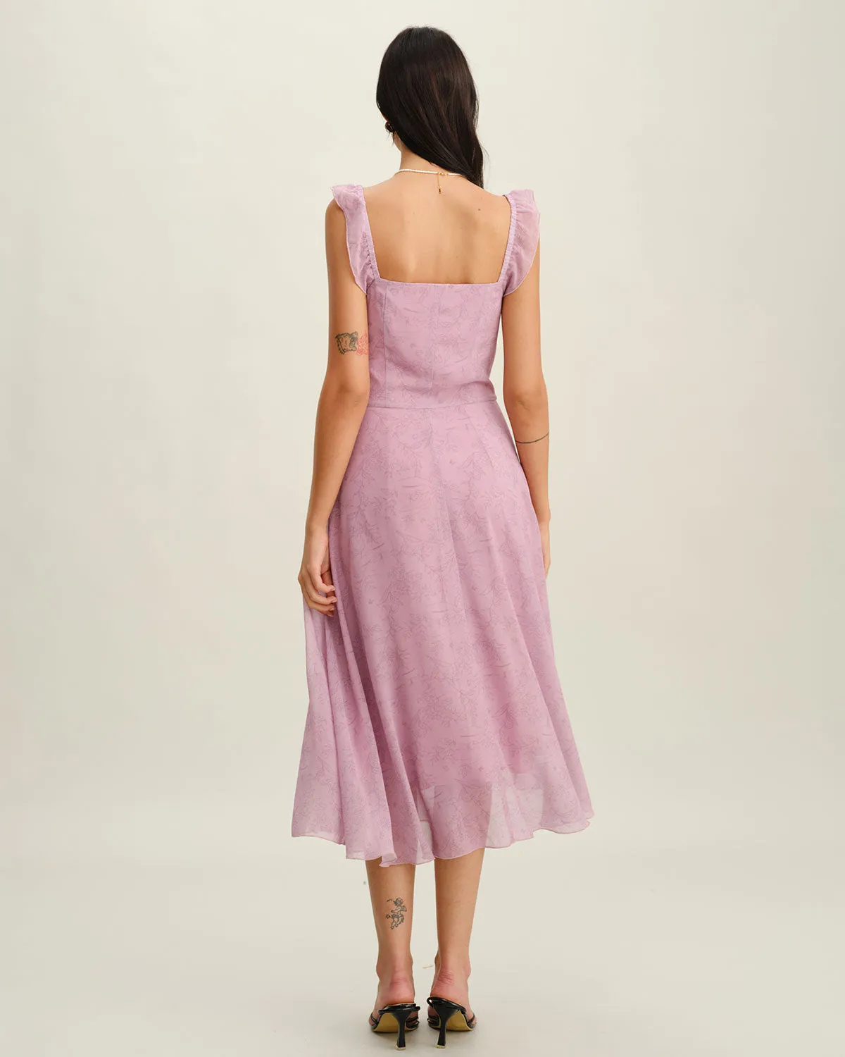 Purple Floral Square Neck Ruffle Slip Midi Dress sold by rihoas product image thumbnail 5