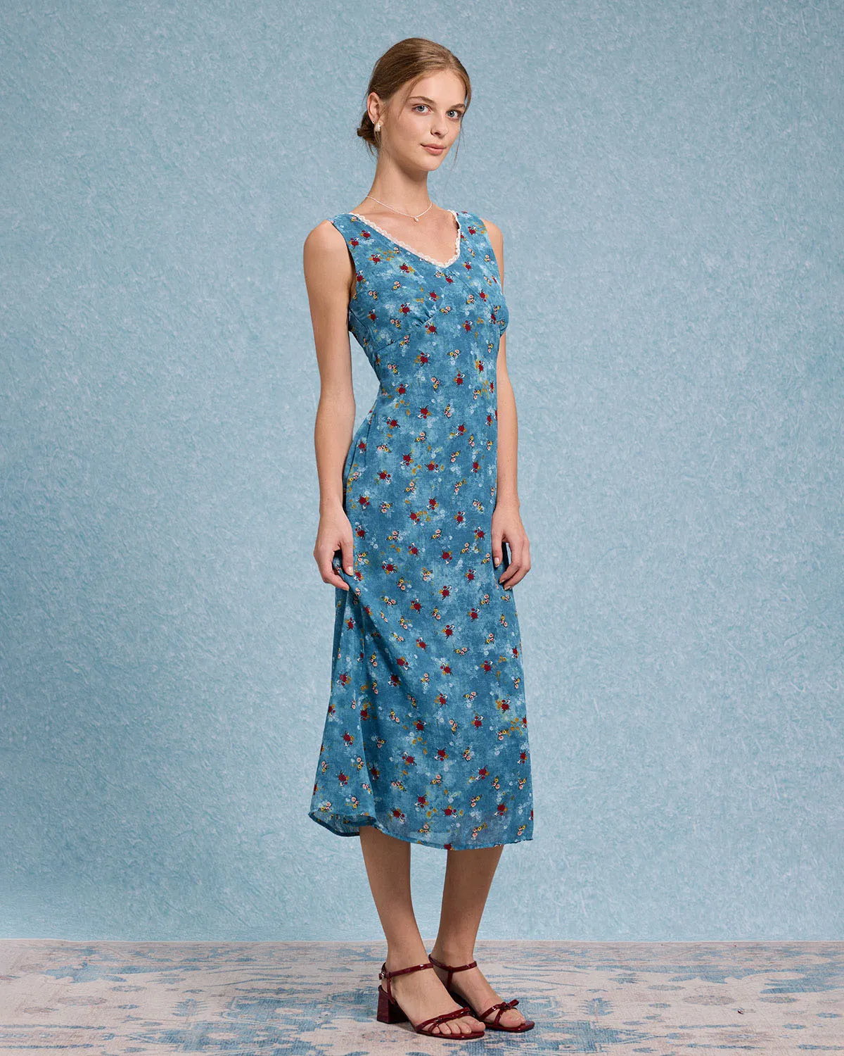 Blue Floral V Neck A-Line Sleeveless Midi Dress sold by rihoas product image thumbnail 4