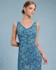 Blue Floral V Neck A-Line Sleeveless Midi Dress sold by rihoas