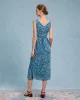 Blue Floral V Neck A-Line Sleeveless Midi Dress sold by rihoas