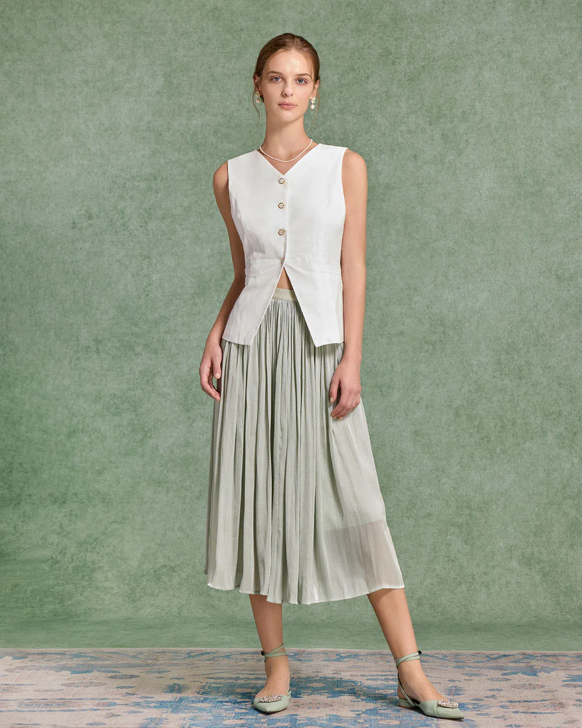 Green Flowy Pleated Midi Skirt sold by rihoas product image thumbnail 3