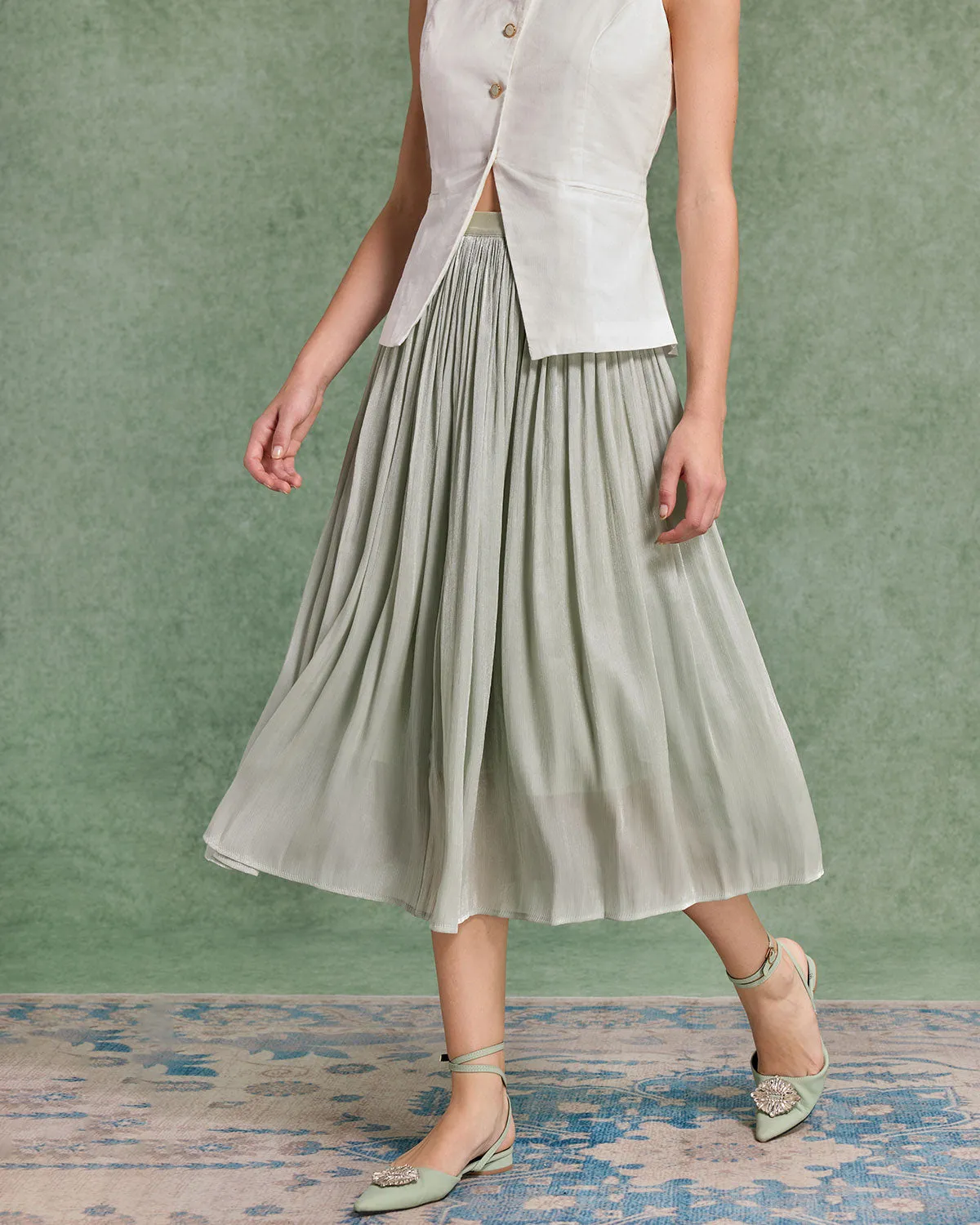 Green Flowy Pleated Midi Skirt sold by rihoas product image thumbnail 2