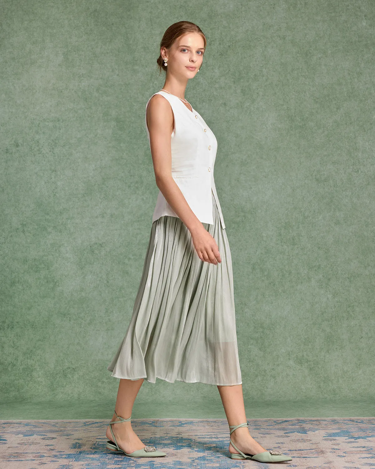 Green Flowy Pleated Midi Skirt sold by rihoas product image thumbnail 5