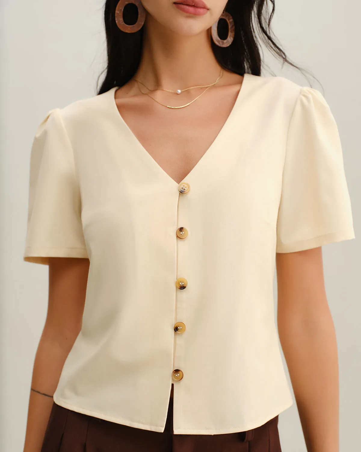 Beige V Neck Button Short Sleeve Blouse sold by rihoas product image thumbnail 2
