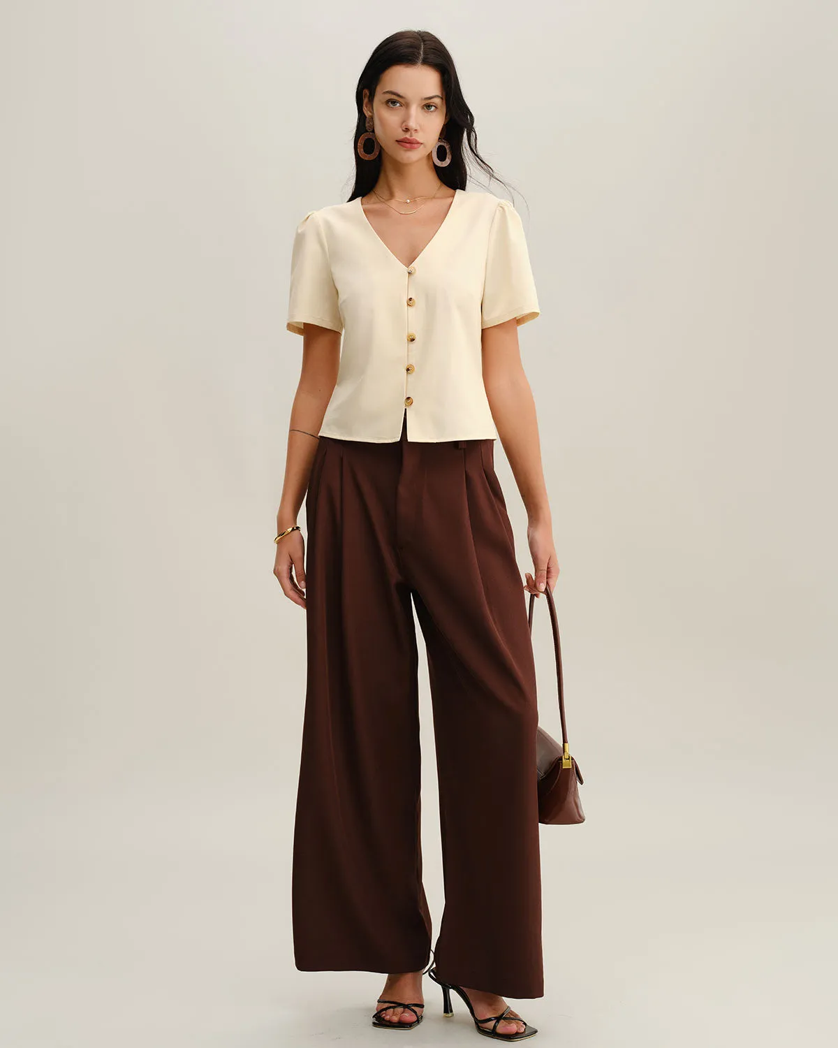 Beige V Neck Button Short Sleeve Blouse sold by rihoas product image thumbnail 3