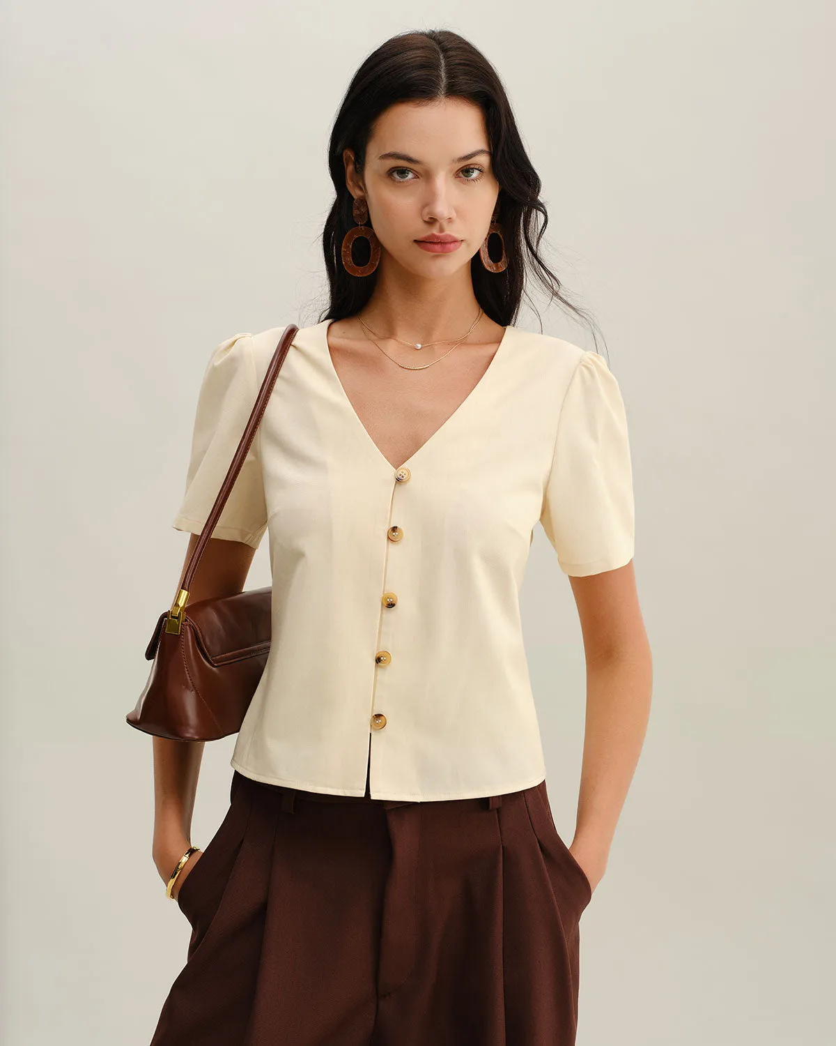 Beige V Neck Button Short Sleeve Blouse sold by rihoas