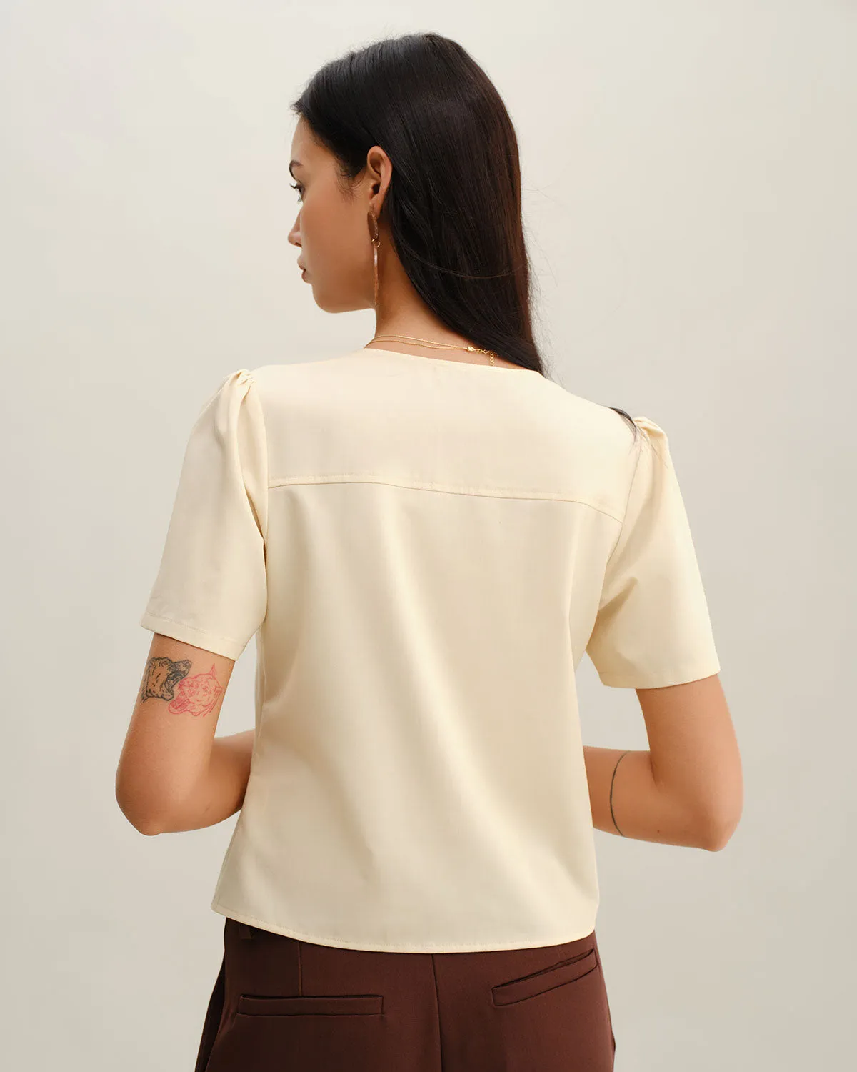 Beige V Neck Button Short Sleeve Blouse sold by rihoas product image thumbnail 4