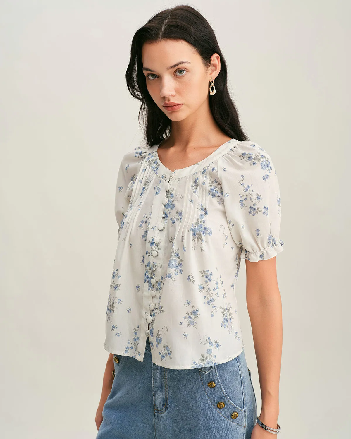 Blue Floral V Neck Button Blouse sold by rihoas product image thumbnail 2