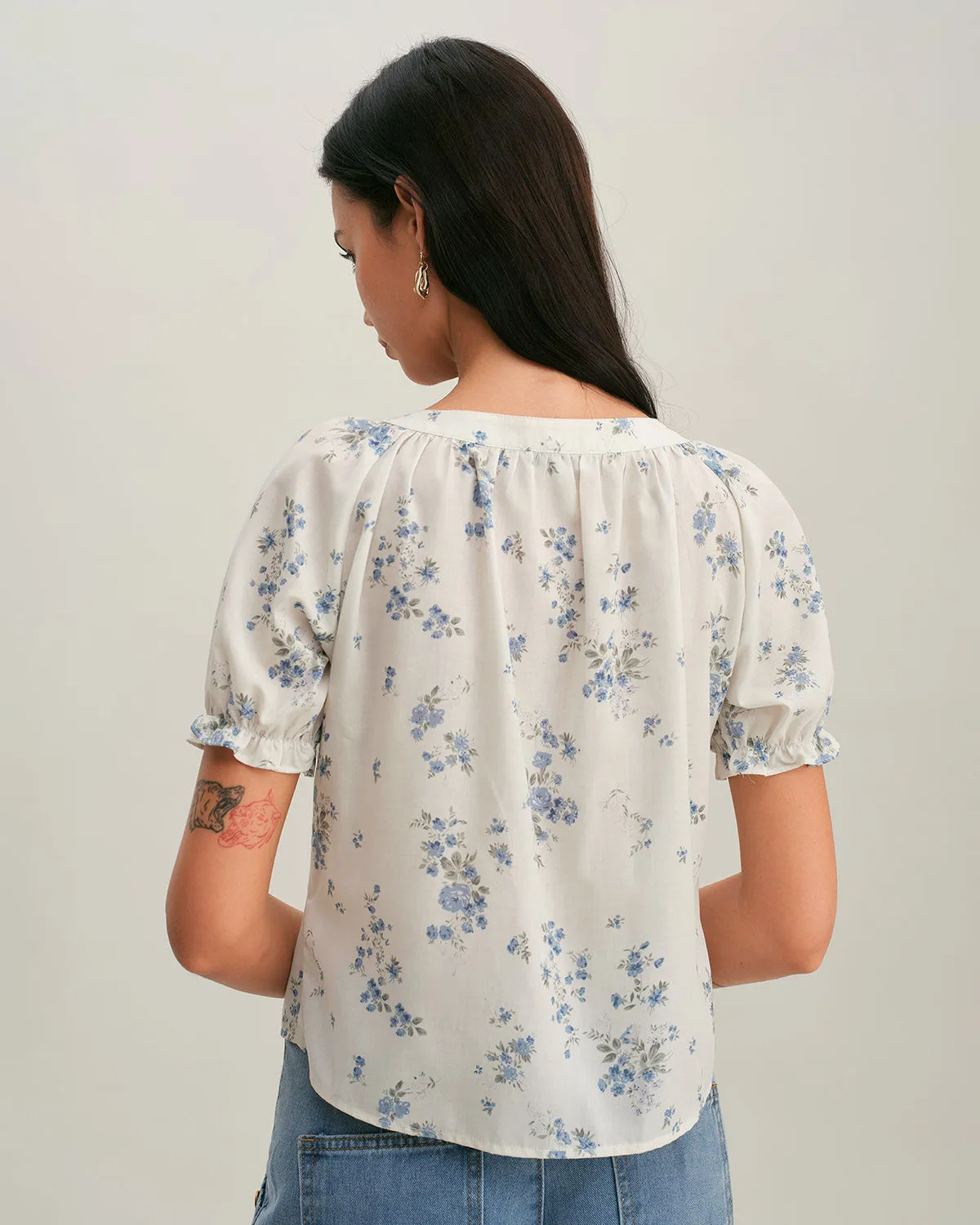 Blue Floral V Neck Button Blouse sold by rihoas product image thumbnail 4