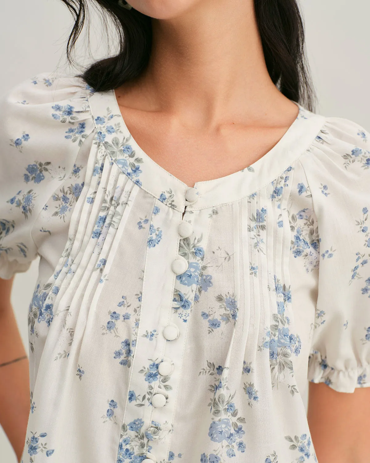 Blue Floral V Neck Button Blouse sold by rihoas product image thumbnail 3