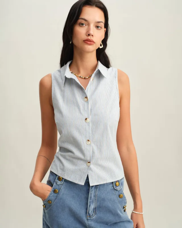 Blue Striped Button Sleeveless Blouse sold by rihoas