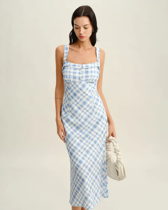 Blue Plaid Square Neck Slip Midi Dress sold by rihoas