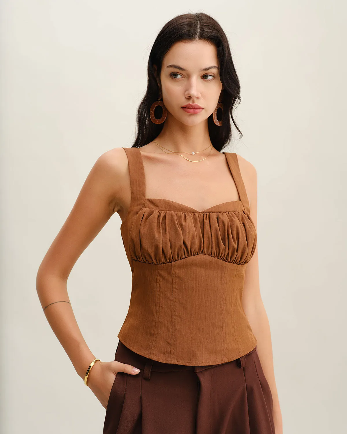 Brown Ruched Shirred Cami Top sold by rihoas