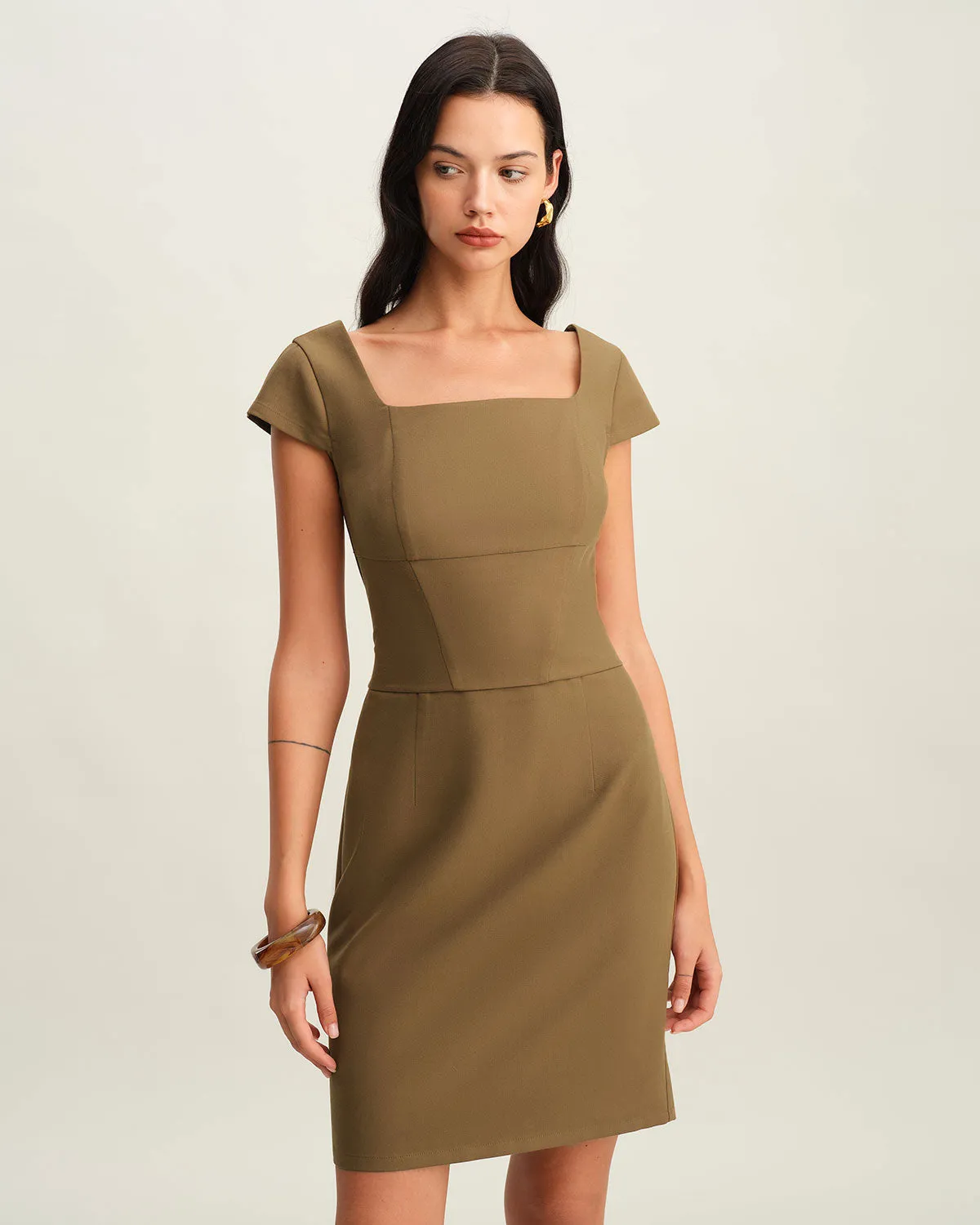 Brown Square Neck Cap Sleeve Mini Dress sold by rihoas
