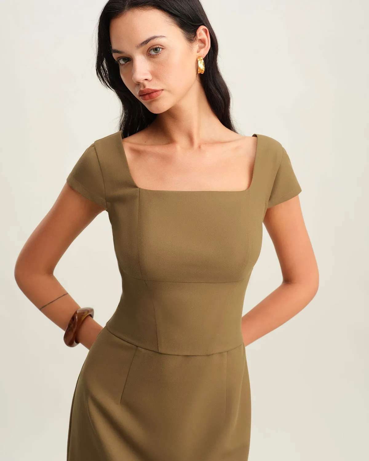 Brown Square Neck Cap Sleeve Mini Dress sold by rihoas product image thumbnail 2