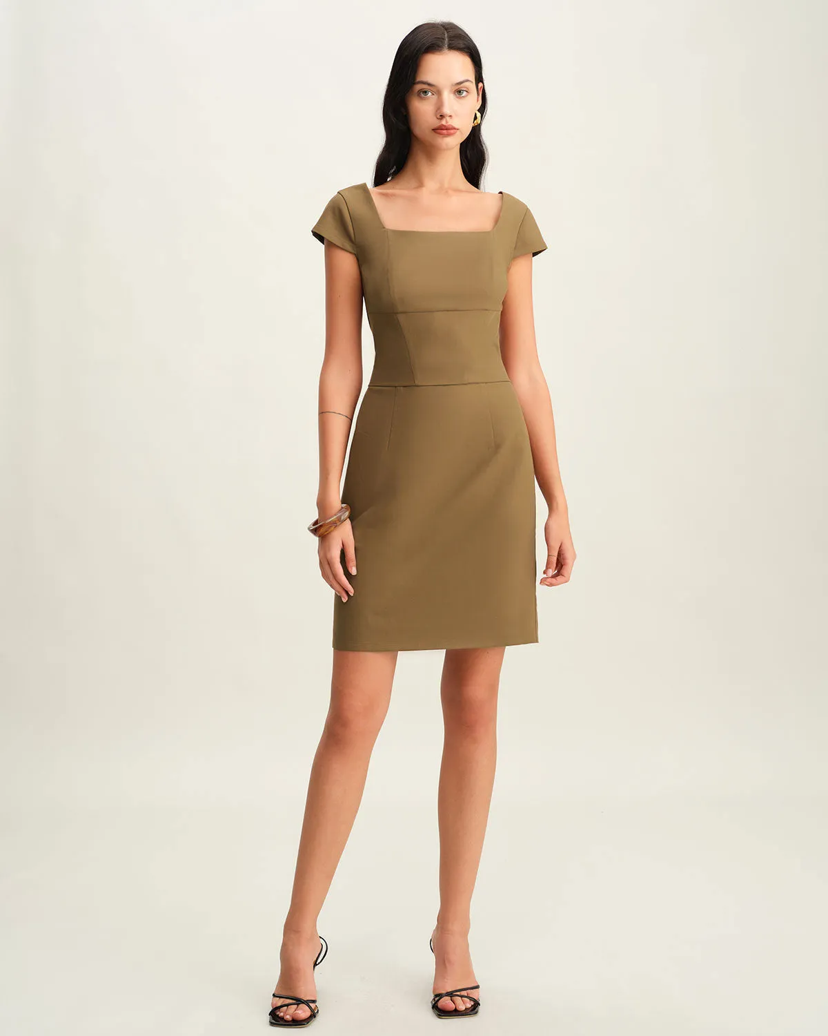 Brown Square Neck Cap Sleeve Mini Dress sold by rihoas product image thumbnail 4